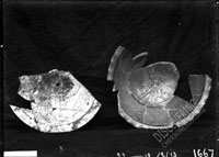 Fragmented glazed bowls: first with image of lower part of a bird, probably of a siren, second with image of an eagle
