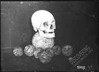 Чугунные ядра и череп человека